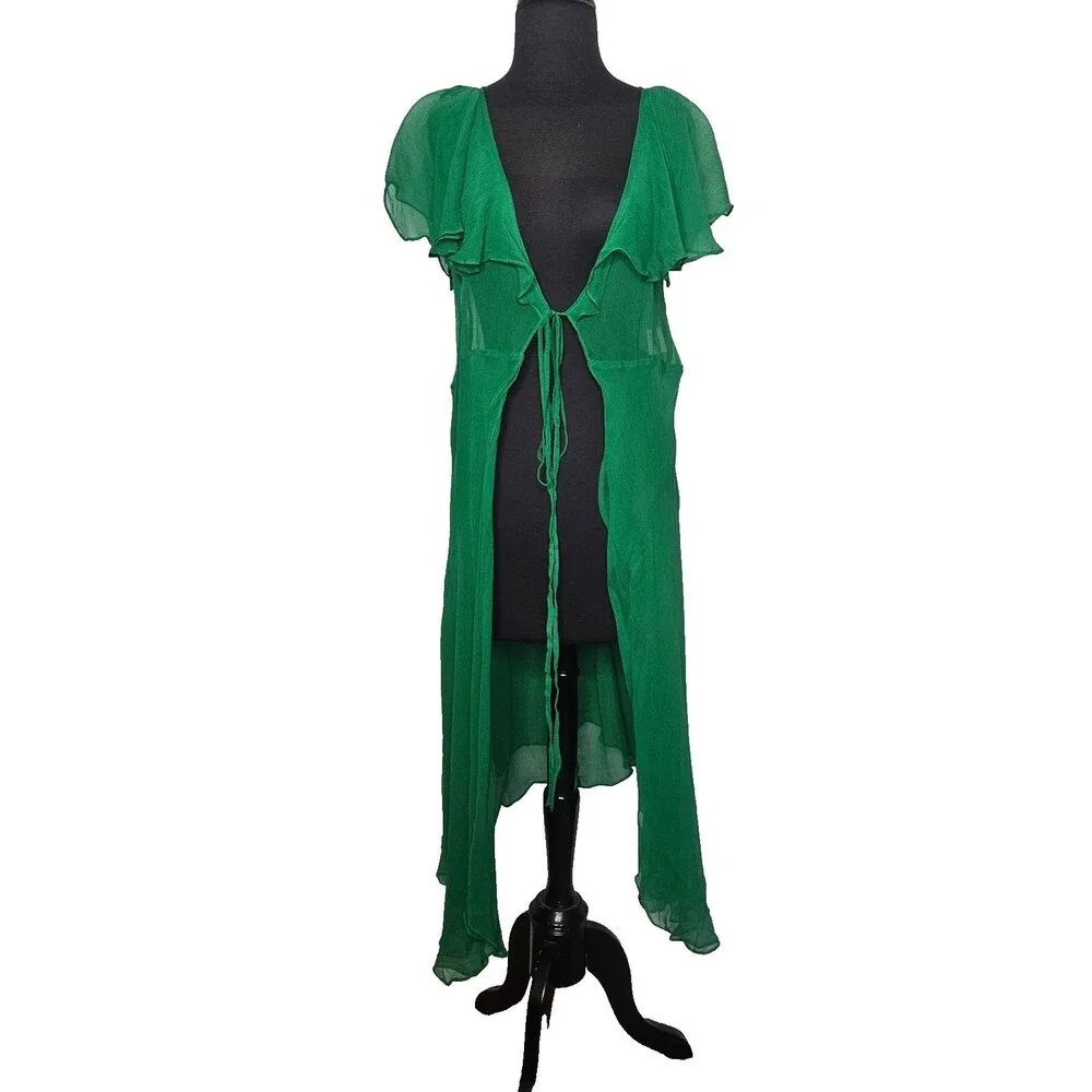 TULULA 100% Silk Duster Robe Large Green Fairy Ethereal Coquette Soft Girl